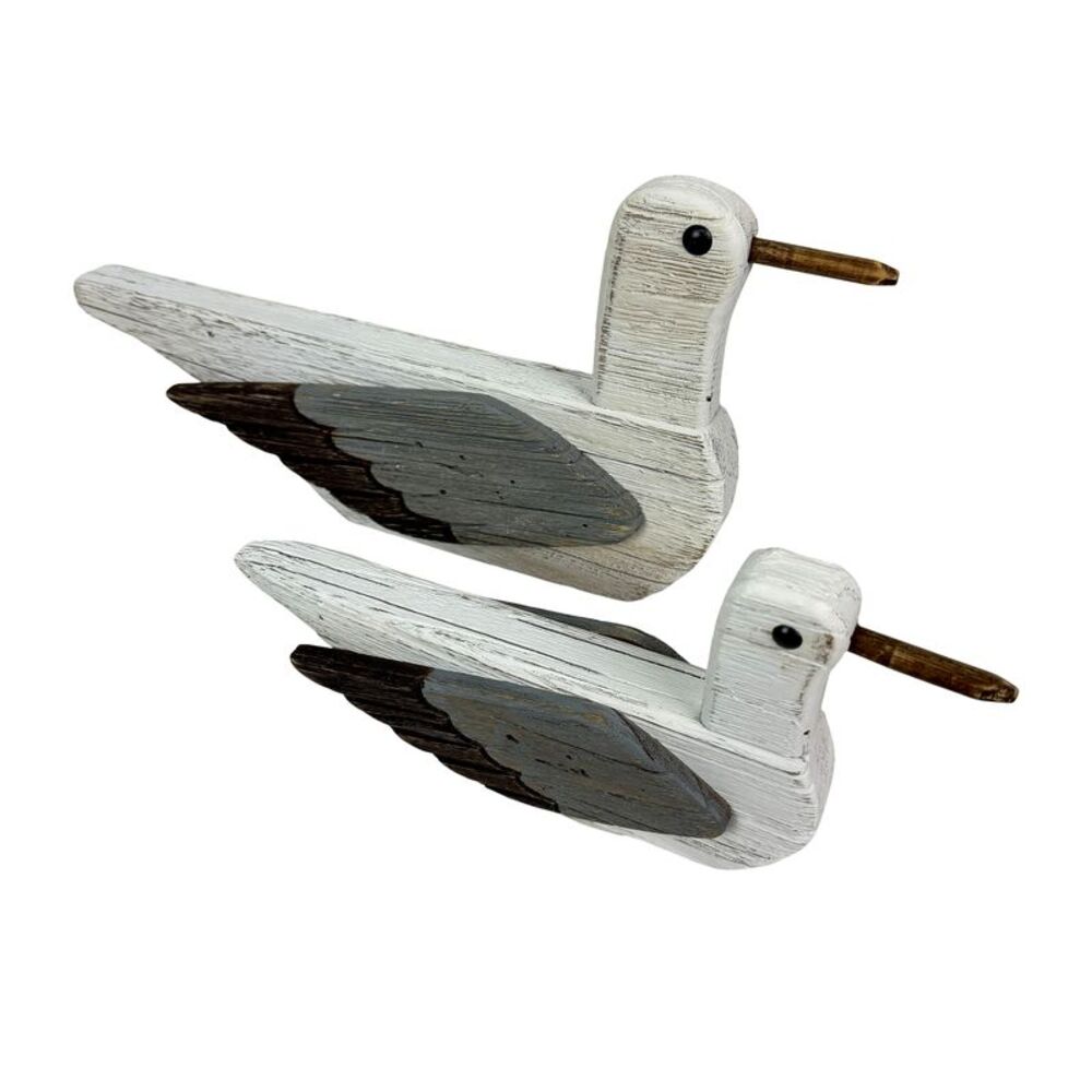 Wooden Seagull Statues Set of 2 Coastal White Bird Shelf Decor 7.5 In